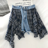 Plaid Stitching Two Style Wide Leg Denim Shorts